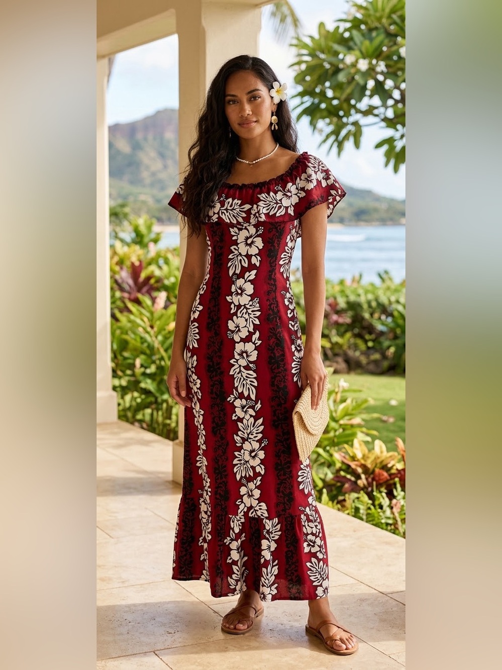 Vintage Royal Creations Red Hawaiian Floral Off Shoulder Maxi Dress Size L